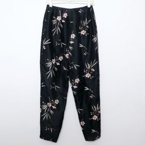 Black SILK dark floral embroidered  cherry blossom crop pants